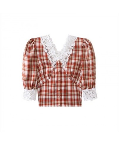 Vintage Plaid Shirt Women Checkered Puff Sleeve Blouse with Lace Crop Top Korean Style 2023 Fashion 90s Oversize Bodycon $30....