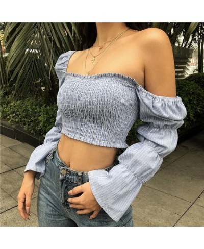 2020s Women's Women Sexy Square Collar Striped Crop Top Fashion Long Sleeve Square Collar Top for Women Ladies $75.99 - Blous...