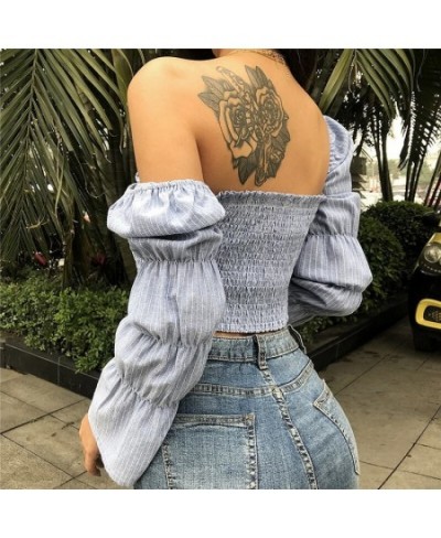 2020s Women's Women Sexy Square Collar Striped Crop Top Fashion Long Sleeve Square Collar Top for Women Ladies $75.99 - Blous...