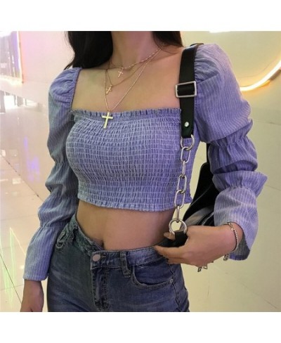 2020s Women's Women Sexy Square Collar Striped Crop Top Fashion Long Sleeve Square Collar Top for Women Ladies $75.99 - Blous...