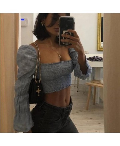 2020s Women's Women Sexy Square Collar Striped Crop Top Fashion Long Sleeve Square Collar Top for Women Ladies $75.99 - Blous...