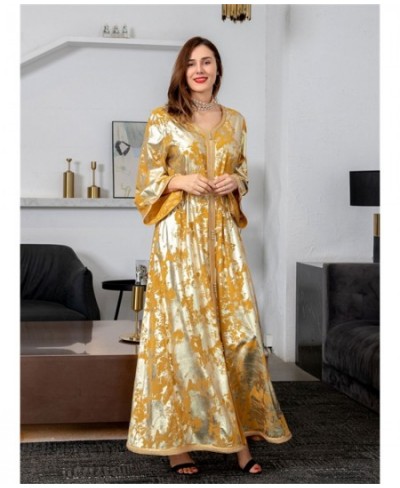 Spring Women Dress Muslim Hot Golden Robe Chiffon Dress Party Ramadan Femme Evening Long Dress With Belt $81.05 - Dresses