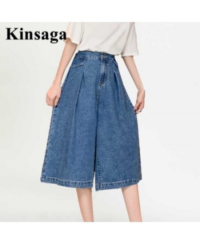 Women Street Pleated Loose Wide Leg Mid-calf Jeans Mom 4XL Summer Baggy Y2K Boyfriend Capri Elastic Waist Denim Bermuda $45.3...