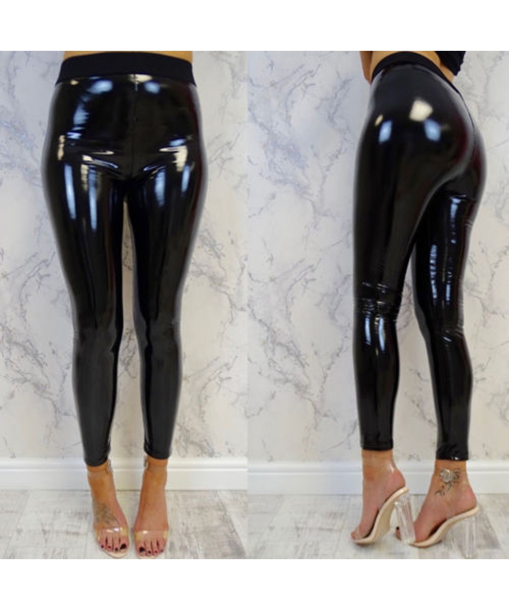 Womens Sexy Black High Waist Pants Slim Soft Strethcy Shiny Wet Look Faux Leather Vinyl Leggings Trouser Pants pantalon $24.2...