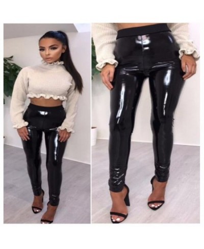 Womens Sexy Black High Waist Pants Slim Soft Strethcy Shiny Wet Look Faux Leather Vinyl Leggings Trouser Pants pantalon $24.2...