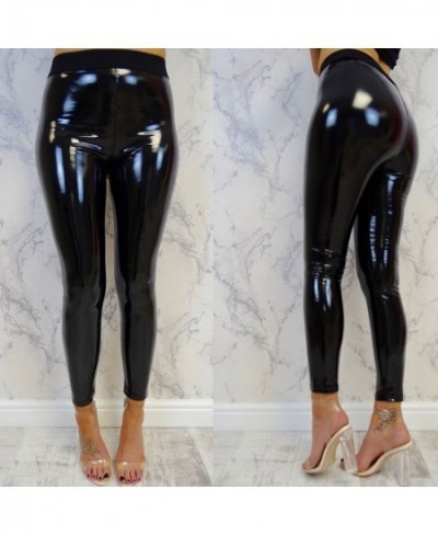 Womens Sexy Black High Waist Pants Slim Soft Strethcy Shiny Wet Look Faux Leather Vinyl Leggings Trouser Pants pantalon $24.2...