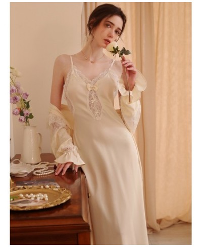 French Silk Robe Backless Nightdress Spring Feminine Lace Sexy Two-piece Sleepwear Set Victorian Pajamas for Women Home Cloth...