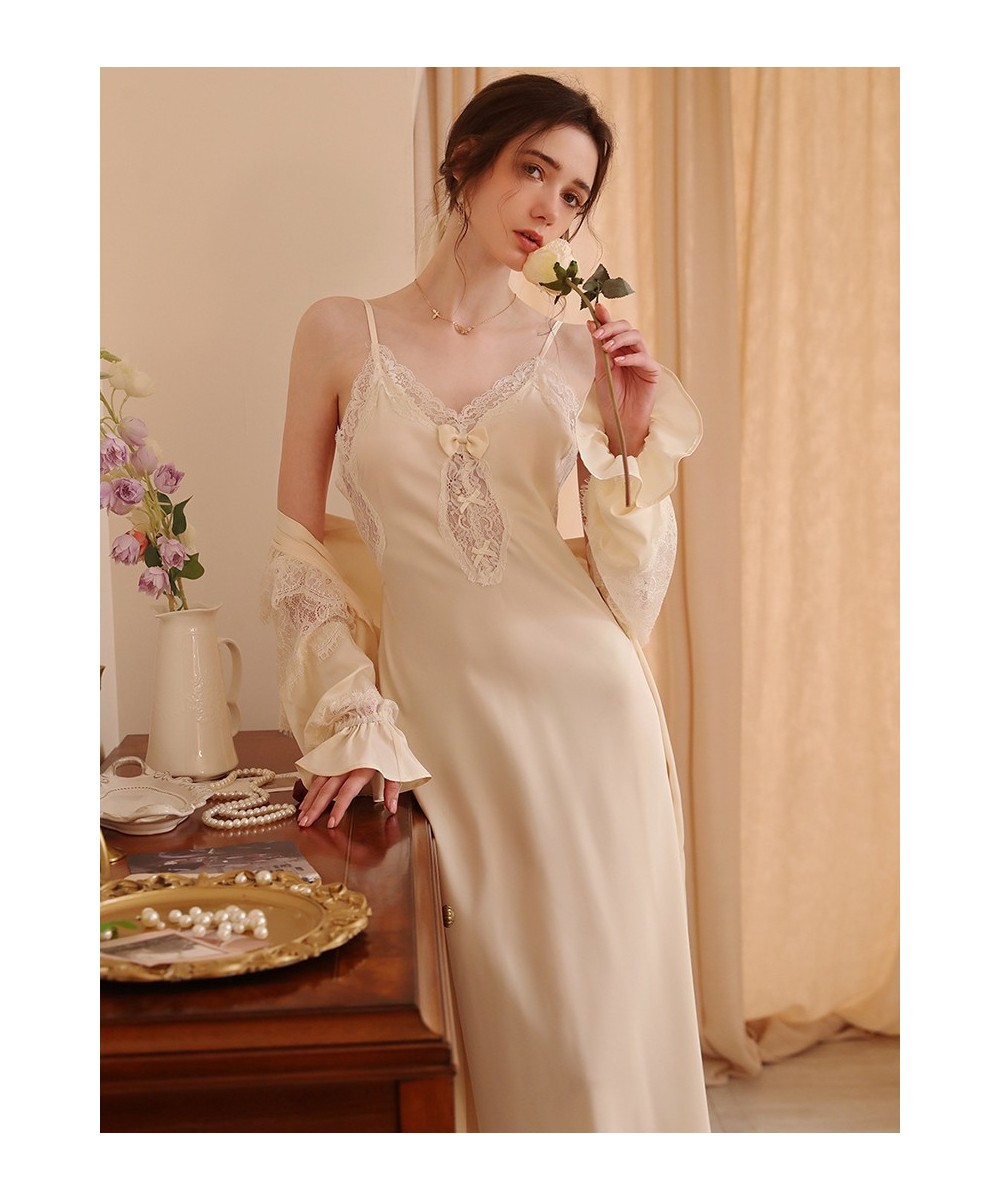 French Silk Robe Backless Nightdress Spring Feminine Lace Sexy Two-piece Sleepwear Set Victorian Pajamas for Women Home Cloth...