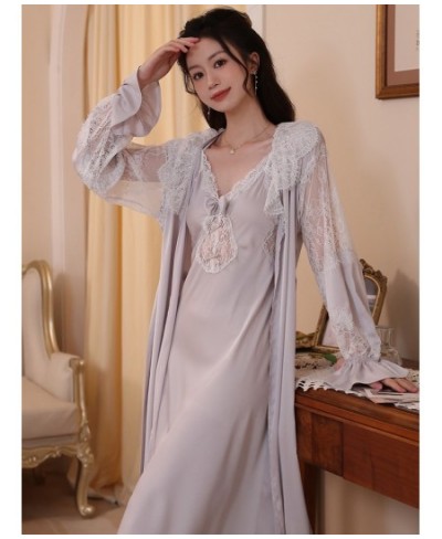 French Silk Robe Backless Nightdress Spring Feminine Lace Sexy Two-piece Sleepwear Set Victorian Pajamas for Women Home Cloth...