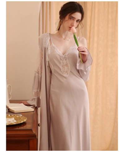 French Silk Robe Backless Nightdress Spring Feminine Lace Sexy Two-piece Sleepwear Set Victorian Pajamas for Women Home Cloth...