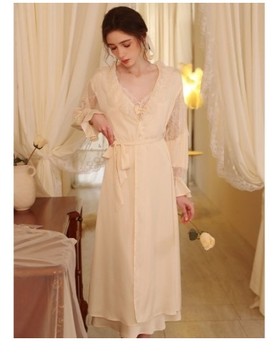 French Silk Robe Backless Nightdress Spring Feminine Lace Sexy Two-piece Sleepwear Set Victorian Pajamas for Women Home Cloth...