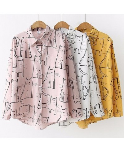 2023 Spring Casual Fashion Vintage Autumn Women Long Sleeve Shirts Cute Cat Print Shirt Female Loose Blouses Girl Ladies Tops...