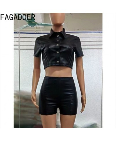 Summer Two Piece Set Women PU Leather Solid Short Sleeve Shirt Top Shorts Matching Sets Sexy Slim Outfits Streetwear $38.36 -...