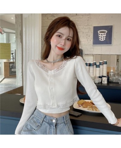 Korean Style Sweet Long-sleeved Thin Sweater Cardiga Women Chic Kawai Lace Patchwork Slim Crops Top Casual Short Knitted Jack...