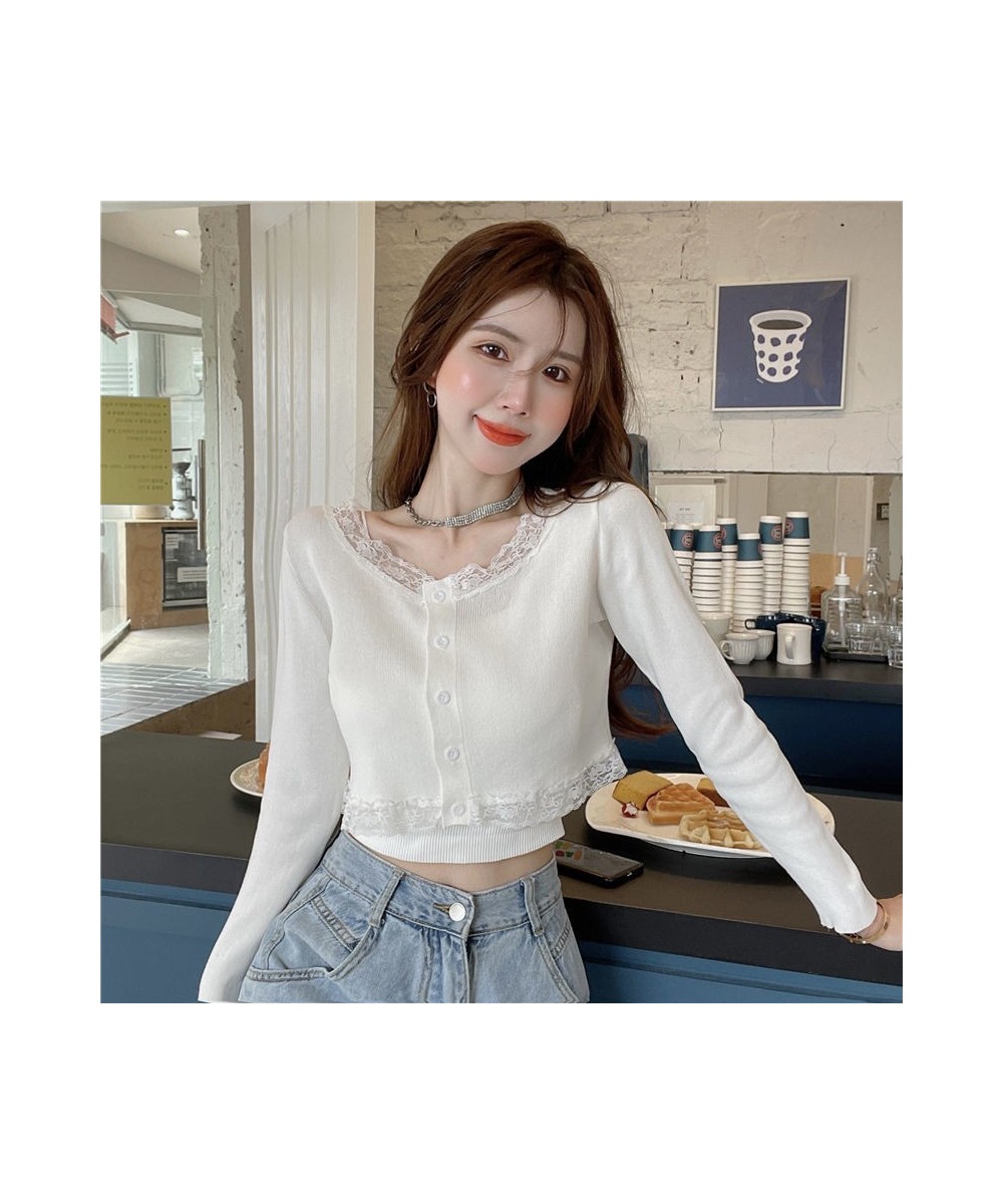 Korean Style Sweet Long-sleeved Thin Sweater Cardiga Women Chic Kawai Lace Patchwork Slim Crops Top Casual Short Knitted Jack...