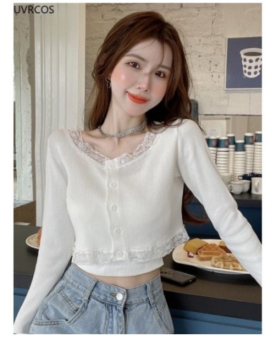 Korean Style Sweet Long-sleeved Thin Sweater Cardiga Women Chic Kawai Lace Patchwork Slim Crops Top Casual Short Knitted Jack...