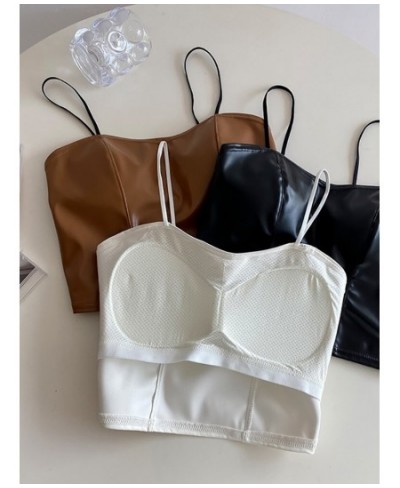 Women PU Leather Camis Underwear Padded Bra Sexy Tops Y2K Crop Tops Elastic Lace At Back Tank Tops For Women Streetwear $23.5...