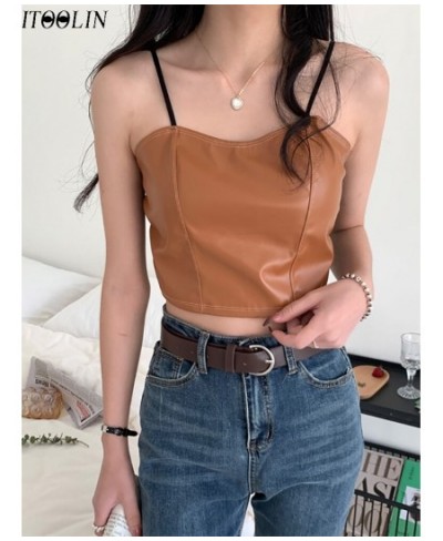 Women PU Leather Camis Underwear Padded Bra Sexy Tops Y2K Crop Tops Elastic Lace At Back Tank Tops For Women Streetwear $23.5...