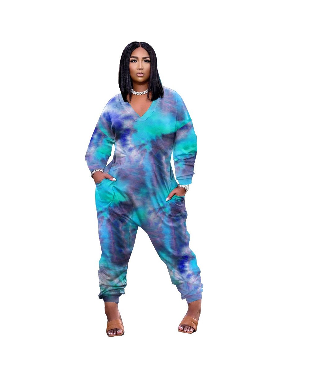 Plus Size Jumpsuits V-neck Long Sleeves Tie-dyed Loose Romper Casual Fashion Pockets One Piece Autumn 2023 $39.85 - Plus Size...