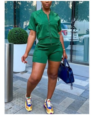 Women Two Piece Casual Tracksuits Short Sleeve Zip Up Jacket & Slim Shorts Set $46.15 - Suits & Sets