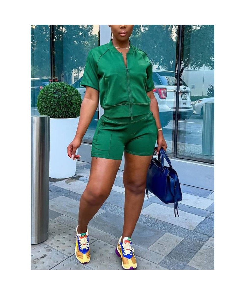 Women Two Piece Casual Tracksuits Short Sleeve Zip Up Jacket & Slim Shorts Set $46.15 - Suits & Sets