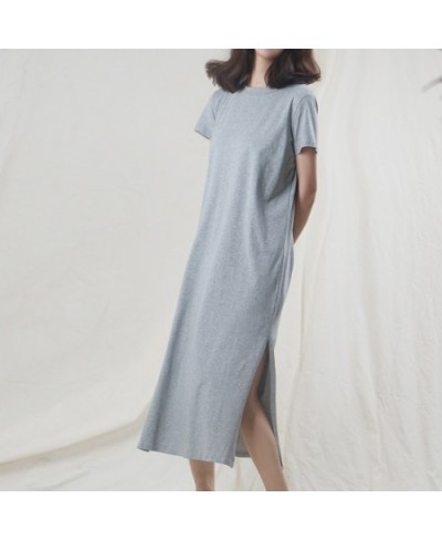 Casual 94% Cotton Summer Women's Dresses Solid Short Sleeve Spilt Long Midi Dress Fashion Sundress Female Clothing $30.93 - D...