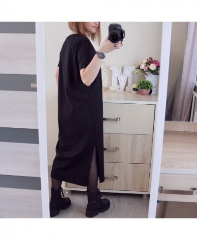 Casual 94% Cotton Summer Women's Dresses Solid Short Sleeve Spilt Long Midi Dress Fashion Sundress Female Clothing $30.93 - D...