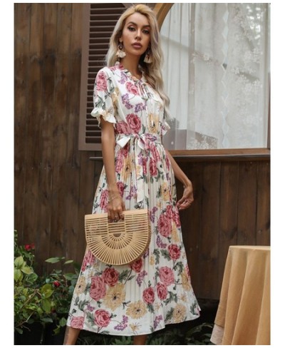 Summer Printed Ruffle Short Sleeve Double Drawstring Pleated Dress A Line All Match Fashion Long Women $41.56 - Dresses