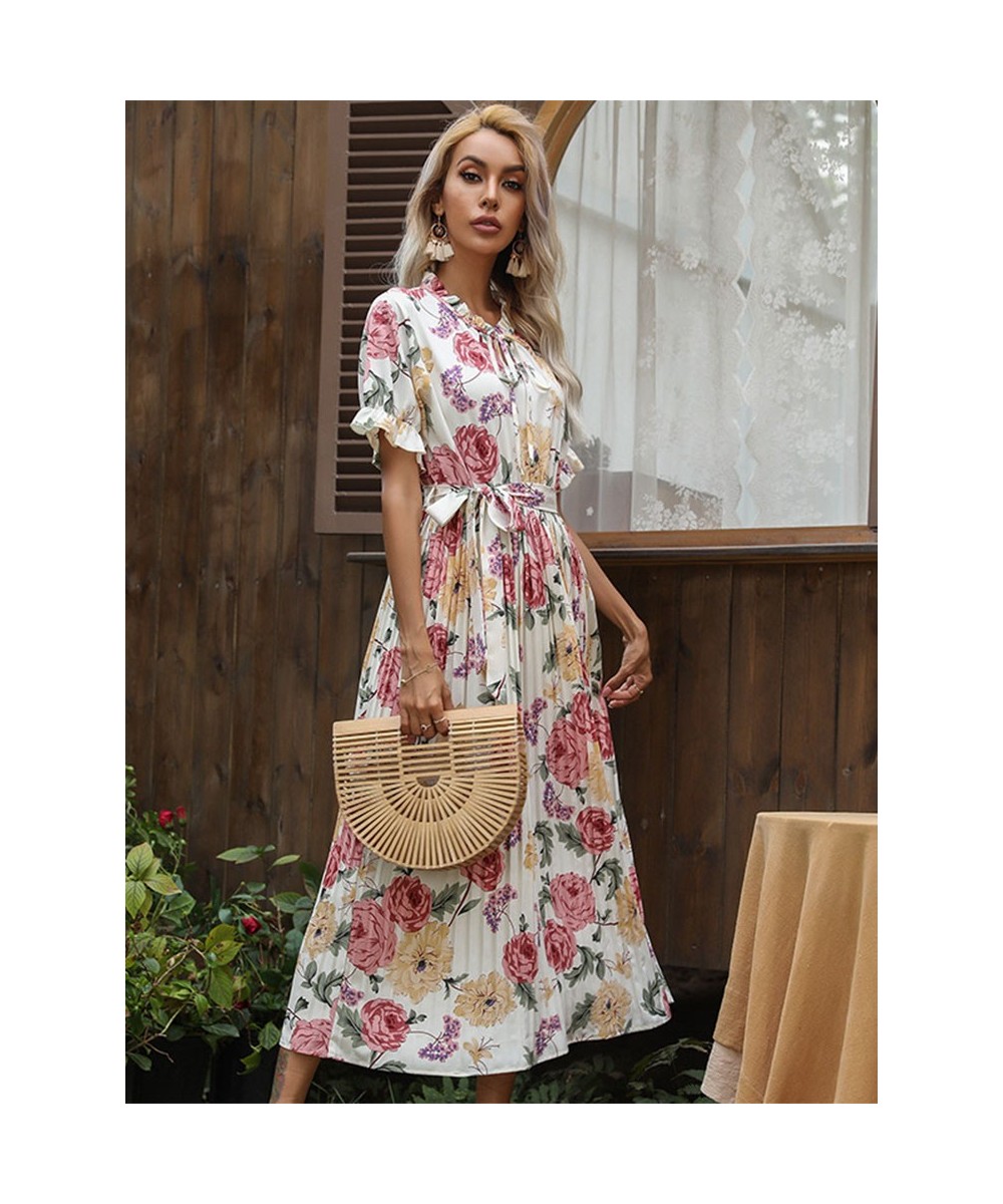 Summer Printed Ruffle Short Sleeve Double Drawstring Pleated Dress A Line All Match Fashion Long Women $41.56 - Dresses