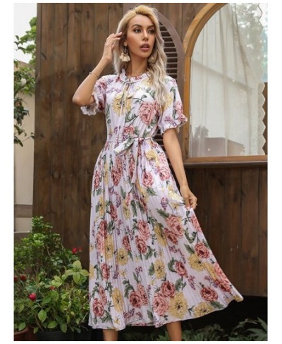 Summer Printed Ruffle Short Sleeve Double Drawstring Pleated Dress A Line All Match Fashion Long Women $41.56 - Dresses