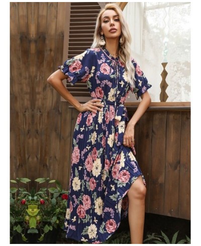 Summer Printed Ruffle Short Sleeve Double Drawstring Pleated Dress A Line All Match Fashion Long Women $41.56 - Dresses