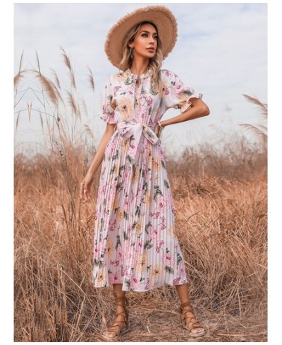 Summer Printed Ruffle Short Sleeve Double Drawstring Pleated Dress A Line All Match Fashion Long Women $41.56 - Dresses