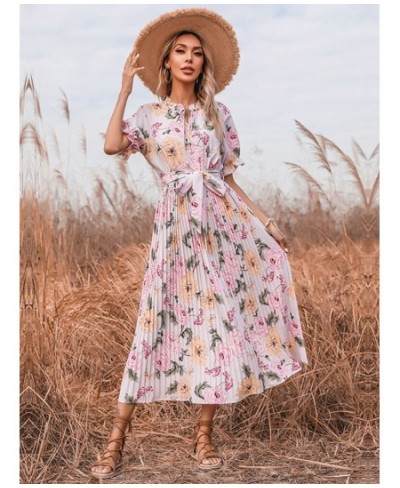 Summer Printed Ruffle Short Sleeve Double Drawstring Pleated Dress A Line All Match Fashion Long Women $41.56 - Dresses