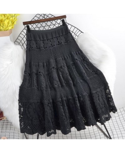 Spring Autumn 2022 New Elastic Waist Slim Mid-Length Solid Color Wild Crochet Hollow Skirt Female $61.36 - Skirts