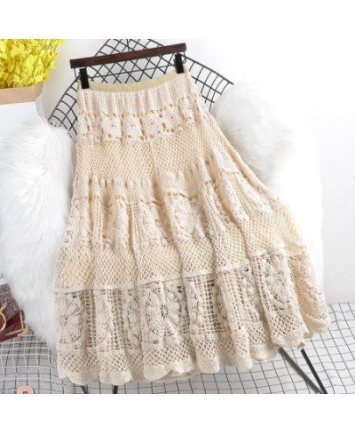 Spring Autumn 2022 New Elastic Waist Slim Mid-Length Solid Color Wild Crochet Hollow Skirt Female $61.36 - Skirts