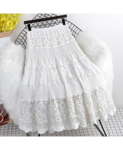 Spring Autumn 2022 New Elastic Waist Slim Mid-Length Solid Color Wild Crochet Hollow Skirt Female $61.36 - Skirts