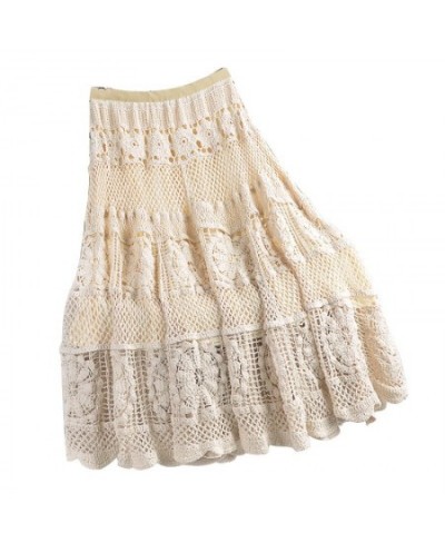 Spring Autumn 2022 New Elastic Waist Slim Mid-Length Solid Color Wild Crochet Hollow Skirt Female $61.36 - Skirts