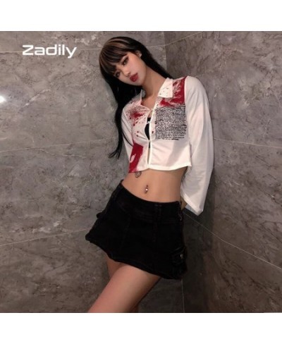 Y2K 2022 Autumn Street Style Slim Long Sleeve Print Women Short Shirt Sexy Button Ladies Crop Top Party Blouse Clothing $25.0...