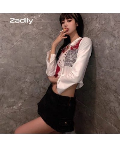 Y2K 2022 Autumn Street Style Slim Long Sleeve Print Women Short Shirt Sexy Button Ladies Crop Top Party Blouse Clothing $25.0...