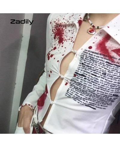 Y2K 2022 Autumn Street Style Slim Long Sleeve Print Women Short Shirt Sexy Button Ladies Crop Top Party Blouse Clothing $25.0...