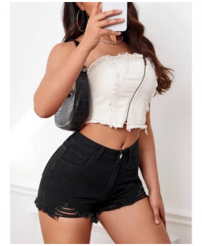 PD08277 holed high waist elastic jeans shorts $53.95 - Jeans