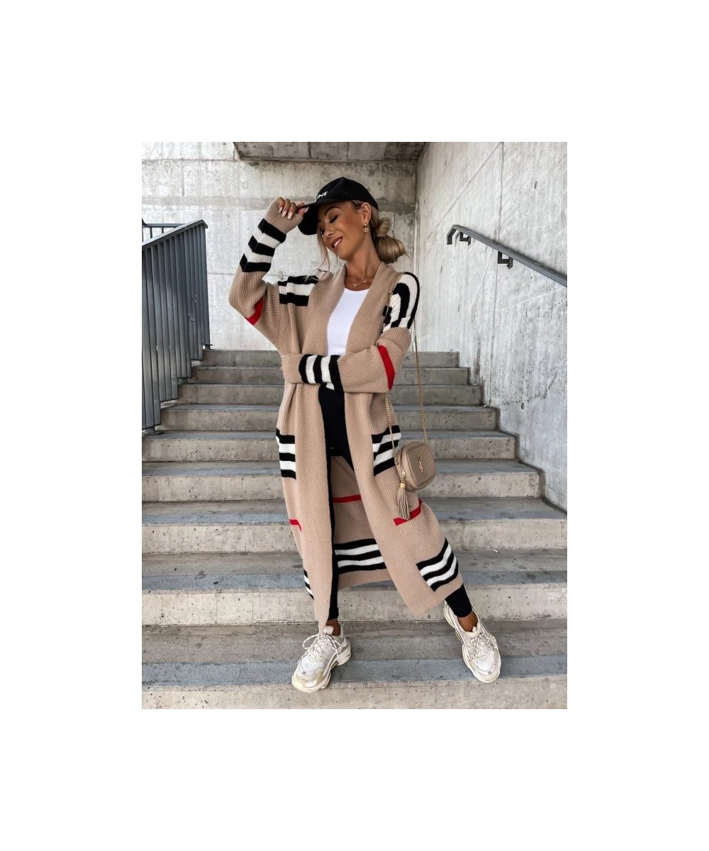 2022 Winter High-end Striped Patchwork Sweet Young Wool Casual Office Lady Full Sleeve Open Stitch Women Nature X-Long Outwea...