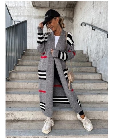 2022 Winter High-end Striped Patchwork Sweet Young Wool Casual Office Lady Full Sleeve Open Stitch Women Nature X-Long Outwea...