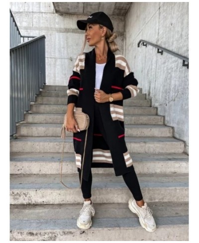 2022 Winter High-end Striped Patchwork Sweet Young Wool Casual Office Lady Full Sleeve Open Stitch Women Nature X-Long Outwea...