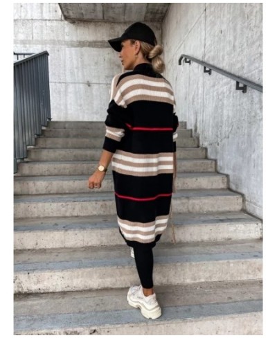 2022 Winter High-end Striped Patchwork Sweet Young Wool Casual Office Lady Full Sleeve Open Stitch Women Nature X-Long Outwea...