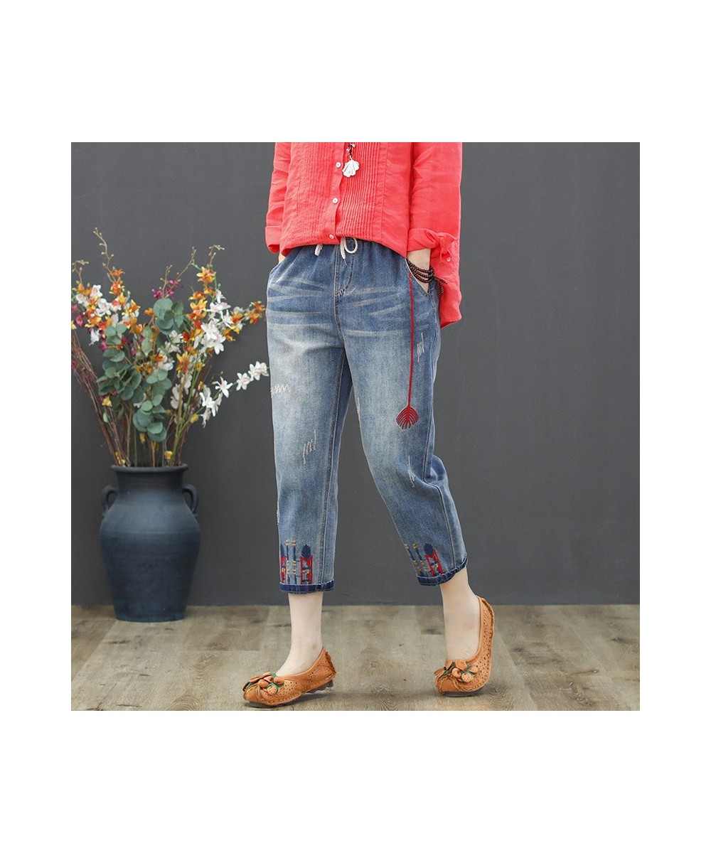 Summer Jeans Woman Casual Denim Pants Elastic Waist Vintage Embroidery Harem Jeans Women Denim Pantalon 2023 $51.46 - Jeans