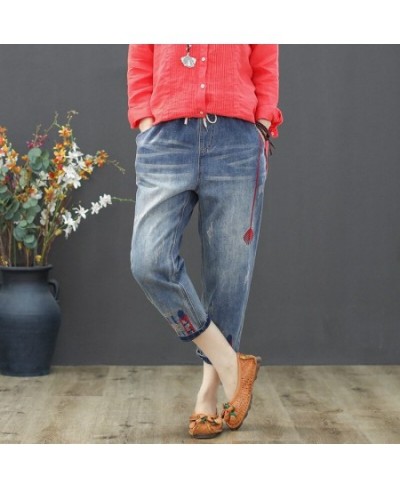 Summer Jeans Woman Casual Denim Pants Elastic Waist Vintage Embroidery Harem Jeans Women Denim Pantalon 2023 $51.46 - Jeans