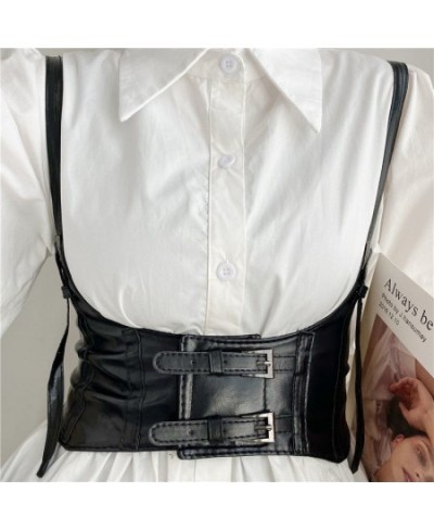 Women Shapers PU Leather Temperament Retro Western Style Cool Girl Stretchy Waist Cinchers Black Solid Slim All-match $18.77 ...