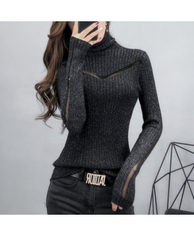 Turtleneck Sweater Slim Female Sexy Long-Sleeved Perspective Net Yarn Splicing Knitwear Bright Pull Ladies Sweaters Pullover ...