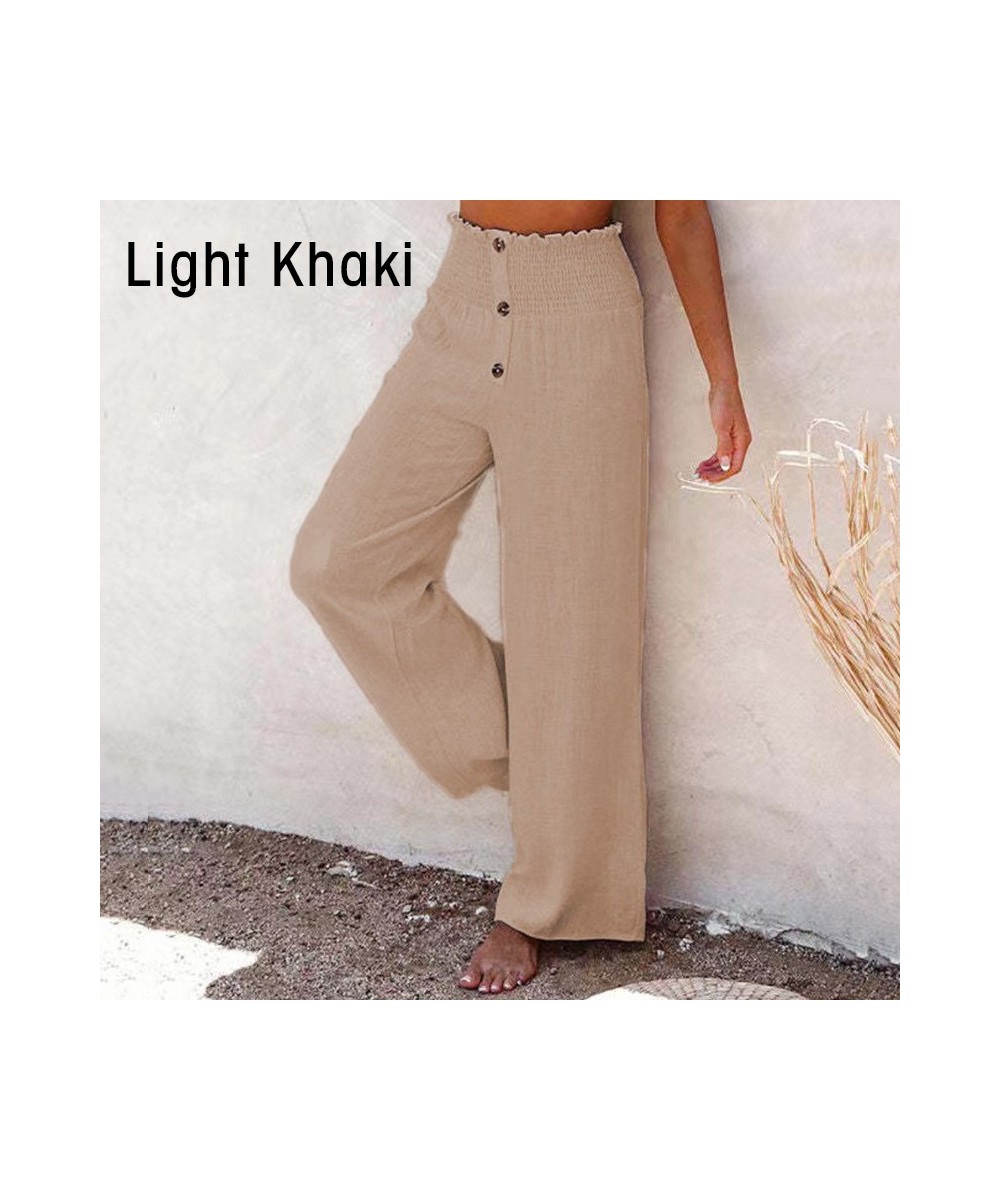 S-3XL 7Colors Elastic High Button Waist Wide Leg Pants Casual Solid Cotton Linen Woman Summer Office Travel Daily Trousers $2...